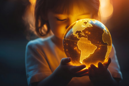 Kid holding a bright globe in the dark, symbolizing global awareness, education, and environmental responsibilityの素材