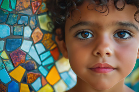 Portrait of a young child with curly hair standing near a vibrant mosaic wall, their expressive eyes captivating the viewerの素材