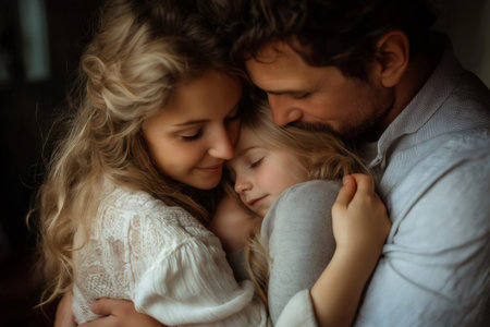 Parents embracing their daughters in a warm hug, fostering a loving and secure atmosphere filled with affection and joyの素材