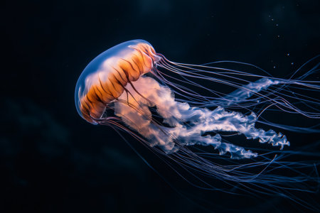 Orange and white jellyfish gliding gracefully through the dark depths of the ocean, showcasing long, flowing tentacles in serene beautyの素材