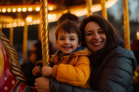 Happy mother and son smiling and having fun on a carousel ride at an amusement park, creating joyful memories togetherの素材