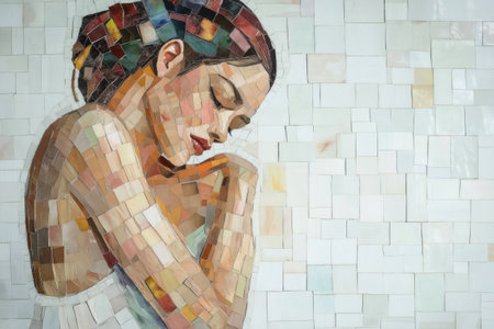 Mosaic artwork representing a thoughtful woman with colorful headscarf, resting her head on her hands, against a white tiled backgroundの素材