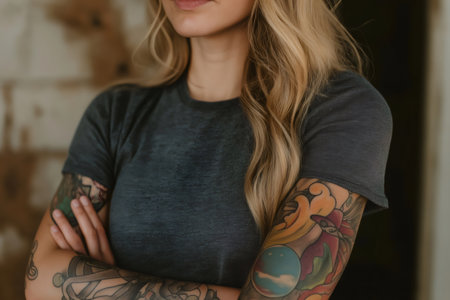 Tattoo artist crossing her arms, proudly displaying vibrant, celestial themed tattoos on her skin, embodying creativity and individualityの素材