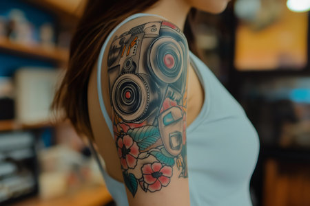Close up view of a vibrant tattoo adorned with intricate cameras and blooming flowers, beautifully inked on a woman's armの素材