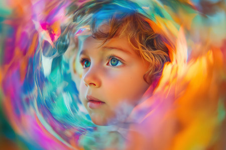 Close up of a child's face surrounded by vibrant, swirling colors, evoking a sense of wonder and imaginationの素材