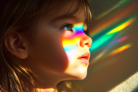 Rainbow colors refracting on the face of observing child, creating beautiful light patterns and highlighting innocence and curiosityの素材