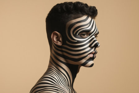 Profile of a male model with zebra stripes body painting creating an optical illusion on a beige backgroundの素材