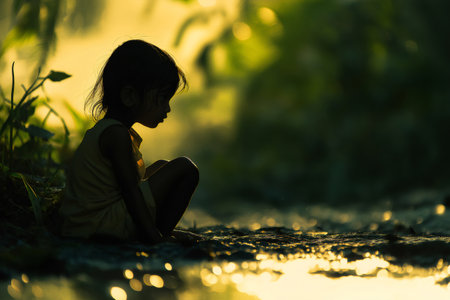 Silhouette of a thoughtful young girl sitting by a riverbank at sunset, enjoying the serene beauty of natureの素材