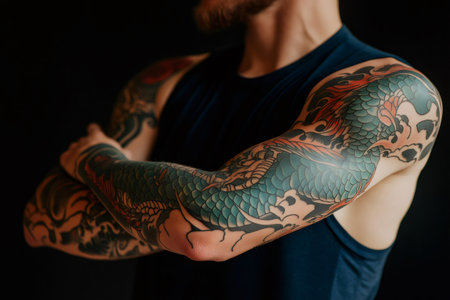 Bearded sportsman showing colorful asian style dragon tattoos covering his arms, artistic body modificationの素材