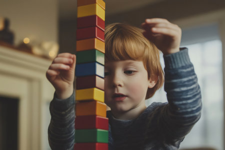 Redhead child building a tall tower of colorful blocks at home, focused on keeping it stableの素材