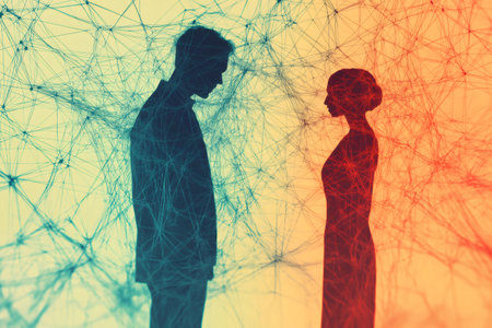 Silhouettes of a businessman and a businesswoman represent network and signal flow, symbolizing communication and connection in the business worldの素材
