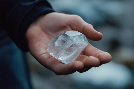 Close up view of a rough diamond crystal resting on the open palm of a geologist, highlighting its natural beauty and intricate detailsの素材