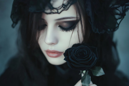 Gothic woman with dark eyeliner holding a black rose, wearing a black veil and black clothesの素材