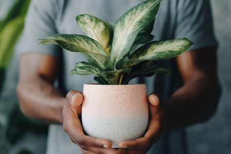 Close up of a gardener holding a decorative potted plant, showing the vibrant green leaves and the stylish design of the potの素材