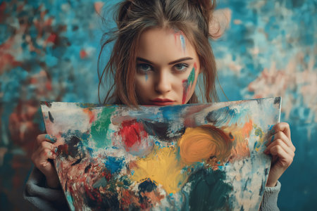 Young painter woman with paint stains on her face holding colorful artist palette in front of her in art studioの素材
