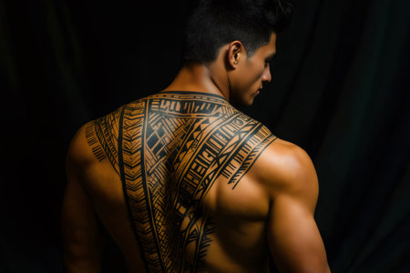 Shirtless Samoan man proudly displaying an intricate tribal tattoo that spans his entire back, reflecting rich Polynesian culture and traditionの素材