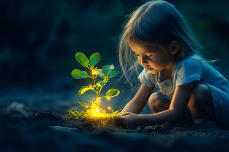 Little girl nurturing a glowing, magical plant under the enchanting night sky, fostering growth and hope for a brighter futureの素材