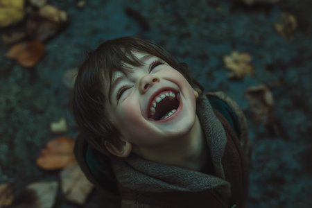 Close up portrait capturing a cheerful child laughing joyfully outdoors in autumn, showcasing a bright smile and milk teeth among fallen leavesの素材