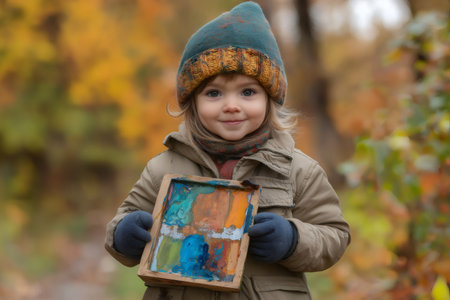 Young child proudly holding a colorful painting in a wooden frame, surrounded by the vibrant hues of an autumn forest filled with falling leavesの素材