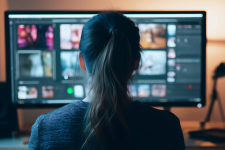 Female video editor working at her desk in the evening, editing a video project on a computer with professional softwareの素材