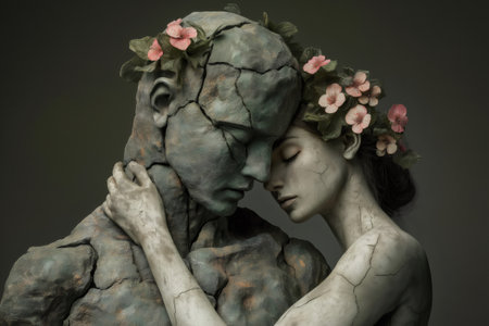Artistic representation of love and affection with a stone man and delicate woman embracing, adorned with flowers, conveying tenderness and connectionの素材