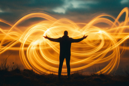 Silhouette of a man standing with open arms, creating visible ripples of golden light in a conceptual image of joy and connection with natureの素材