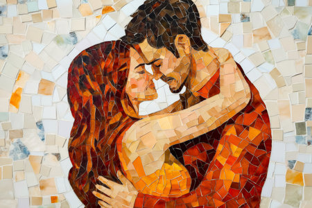 Mosaic depiction of a couple embracing, crafted with warm toned tesserae, creating a visually captivating representation of love and intimacyの素材