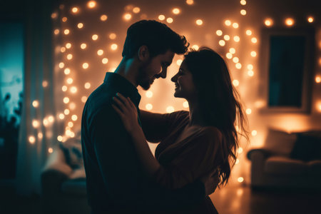 Young couple embracing and dancing together in the warm atmosphere of their living room, illuminated by fairy lightsの素材