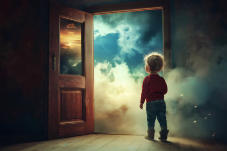 Surreal image of a toddler looking at a beautiful sky through an open door, symbolizing future and hopeの素材