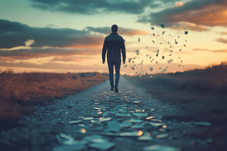 Man walking away on a path covered with broken glass at sunset, overcoming difficulty and challenge conceptの素材