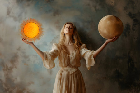 Model with closed eyes holding sun and moon in balance, facing grunge wall, wearing long dressの素材
