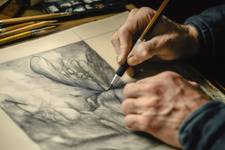 Close up of the artist's hands meticulously drawing a vivid artwork with a pencil, bringing life and depth to the paperの素材