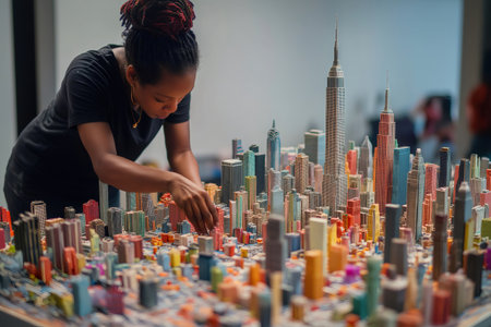 Artist carefully placing buildings on a colorful miniature cityの素材