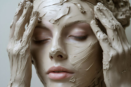 Hands sculpting a clay mask on a woman's face, providing a relaxing and rejuvenating spa experienceの素材