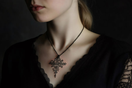 Close up of a woman wearing a black metal norse cross necklace and rune tattoo on her collarboneの素材