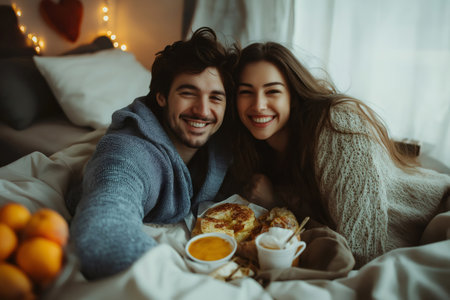 Young smiling couple enjoying breakfast in bed on Valentine's Day, celebrating their loveの素材