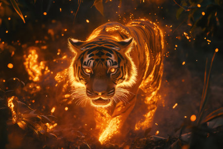 Powerful tiger with glowing eyes emerges from a fiery spectacle in a dark jungle, embodying strength and mystiqueの素材