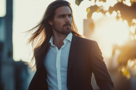 Portrait of a confident businessman with long hair walking in a city at sunset, wearing a suit and a white shirtの素材