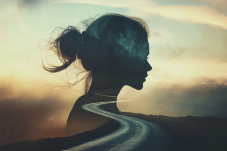 Surreal image of a winding road disappearing into the silhouette of a woman merging with a cloudy sky at sunsetの素材