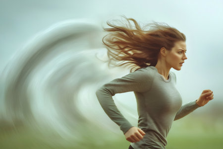 Determined sportswoman running very fast with motion blur effect creating a whirlwind behind herの素材