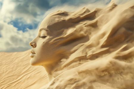 Surreal portrait of a woman made of sand dissolving into the wind in a desert landscape with sand dunesの素材