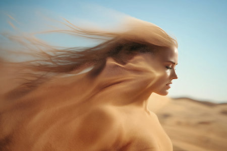 Surreal portrait of a woman dissolving into sand, carried away by a gentle wind in a desert landscapeの素材