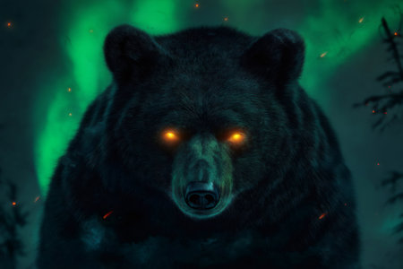 Majestic black bear with glowing eyes dominating the foreground against a mystical forest illuminated by the Northern Lightsの素材