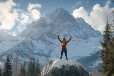 Female hiker celebrating reaching snowy mountain peak raising arms in a beautiful winter landscapeの素材