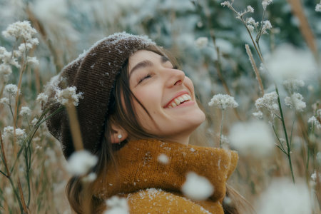 Happy young woman wearing wool hat and sweater enjoying snowy winter landscape and smilingの素材