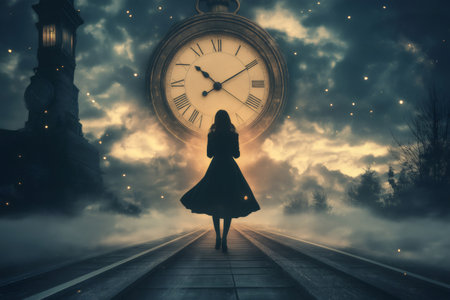 Woman walking on a pier in a surreal foggy landscape with a giant pocket watch in the sky at nightの素材