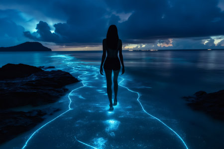 Woman enjoying a magical night walk on a bioluminescent beach, her footprints leaving a glowing trail in the darkの素材