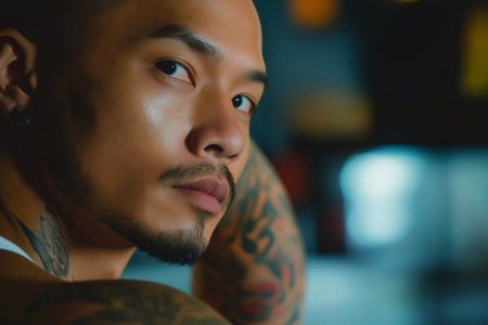 Close up portrait of a young tattooed man showing a tiger tattoo on his bicep, creating a bold and fierce imageの素材