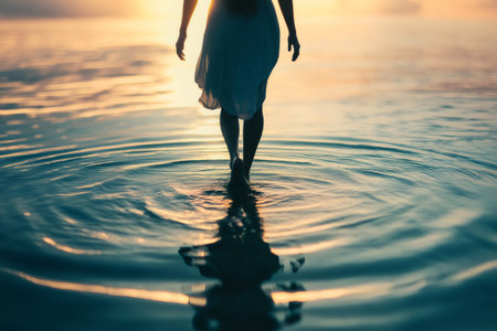 Woman walking on water at sunset creating ripples, concept of freedom, relaxation and wellbeingの素材