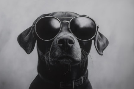 Charcoal drawing representing a cool black dog wearing sunglasses on a light gray backgroundの素材